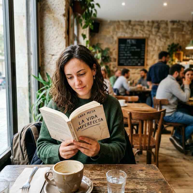 Joven leyendo un libro en una cafetería